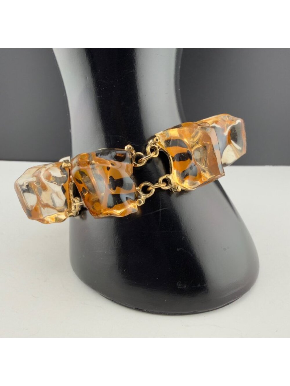 Vintage Gold Tone Lucite Leopard Clear Ice Cube Chunky Bracelet 7 in